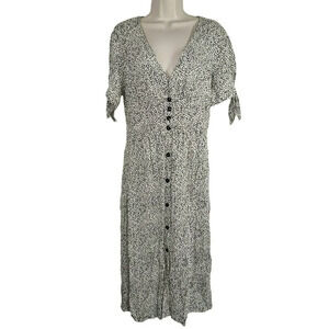 Melloday Button Up Shirt Dress V-neck Women Size L Black Cream Short Sleeve